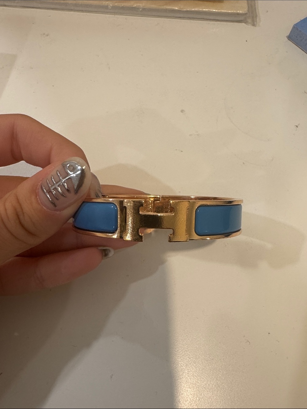 Hermes Rose Gold Bracelet with Light Blue Enamel